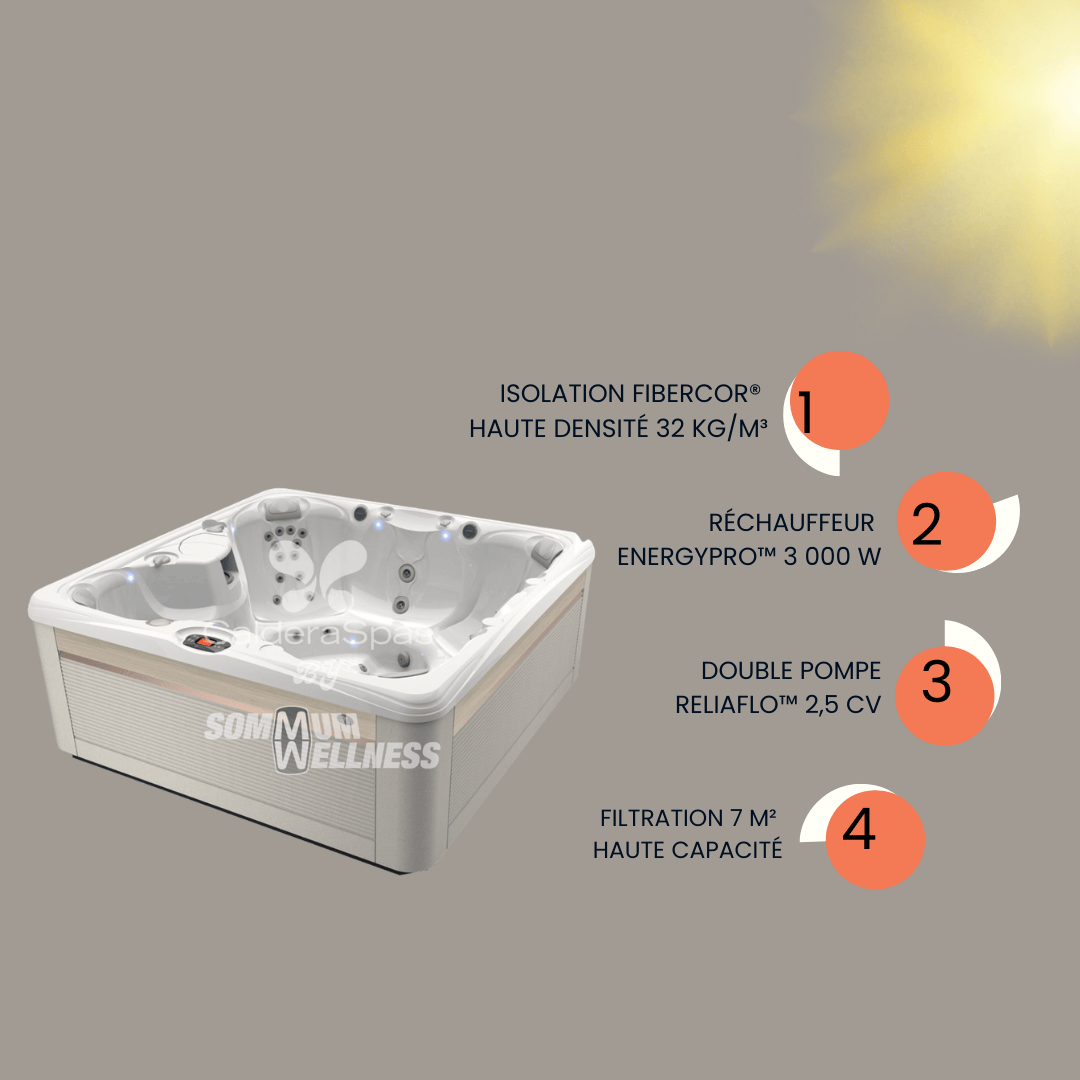 spa Caldera Salina Série Paradise avec isolation FiberCor®, double pompe ReliaFlo™ 2,5 CV et réchauffeur EnergyPro™ 3000 W
