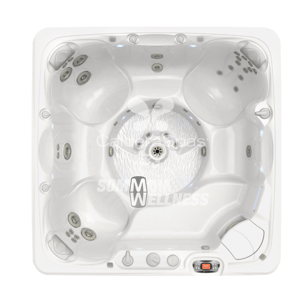vue aerienne complete du spa Caldera Reunion Serie Paradise montrant configuration des assises et zone centrale massage pieds