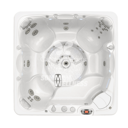 vue aerienne complete du spa Caldera Reunion Serie Paradise montrant configuration des assises et zone centrale massage pieds
