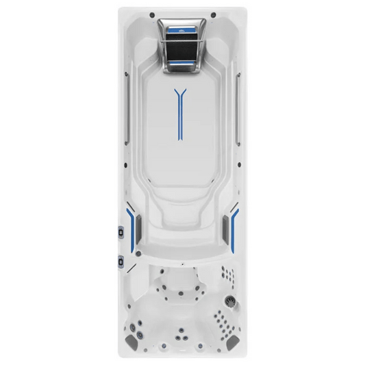 vue du dessus du spa de nage Endless Pools E2000 avec zone de nage centrale et sieges hydromassage