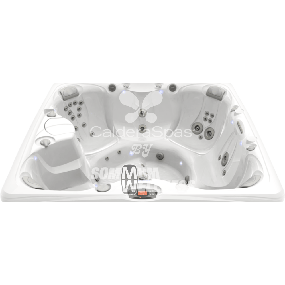 vue intérieure complète du spa Caldera Salina 7 places avec configuration multi sièges et éclairage LED SpaGlo™