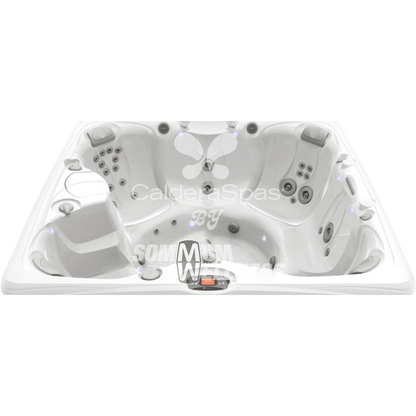 vue intérieure complète du spa Caldera Salina 7 places avec configuration multi sièges et éclairage LED SpaGlo™