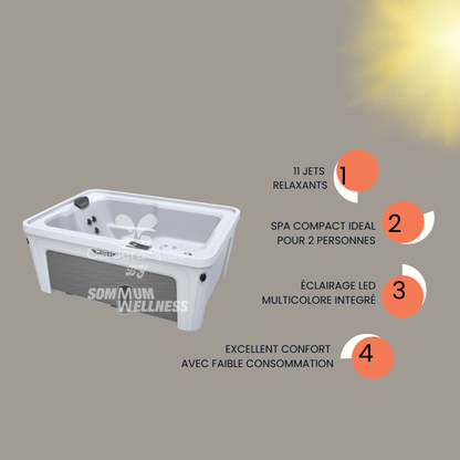 visuel des avantages du spa caldera aspire avec 11 jets relaxants et eclairage led multicolore