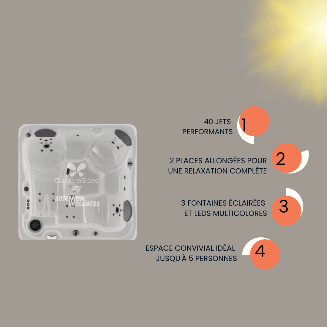visuel des avantages du spa lethe avec 42 jets place allongee et eclairage led multicolore