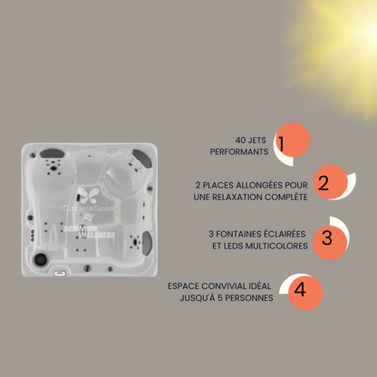 visuel des avantages du spa lethe avec 42 jets place allongee et eclairage led multicolore