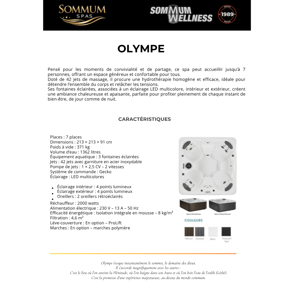 caractéristiques techniques du spa Olympe 7 places Sommum Spas
