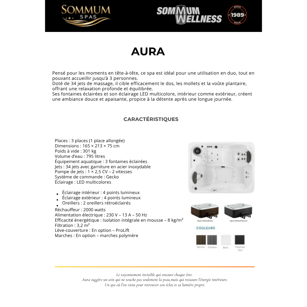 fiche technique du spa aura 3 places avec 34 jets et place allongee