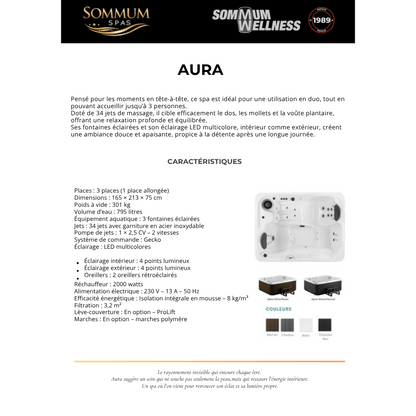 fiche technique du spa aura 3 places avec 34 jets et place allongee
