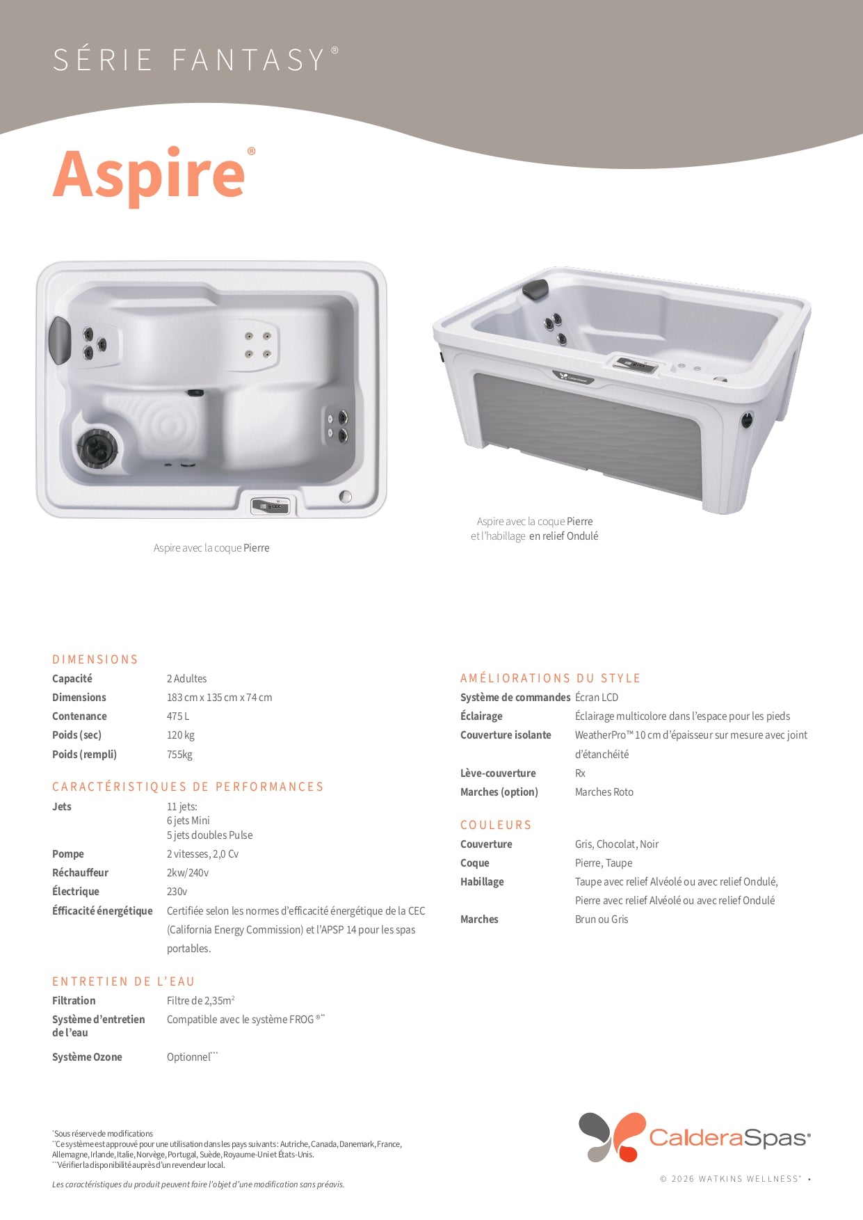 fiche technique du spa caldera aspire 2 places serie fantasy