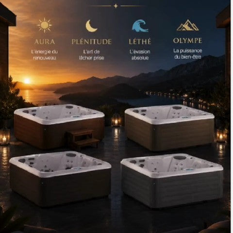 les quatre spas Sommum — Aura, Plénitude, Léthé et Olympe — sur une terrasse au crépuscule