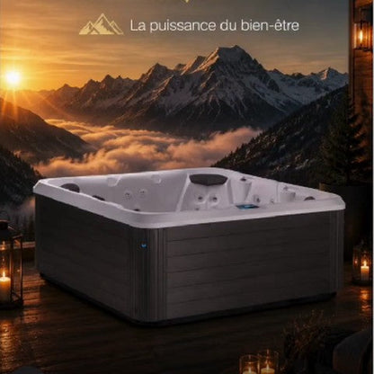 spa Sommum Olympe face à un panorama de montagnes au lever du jour