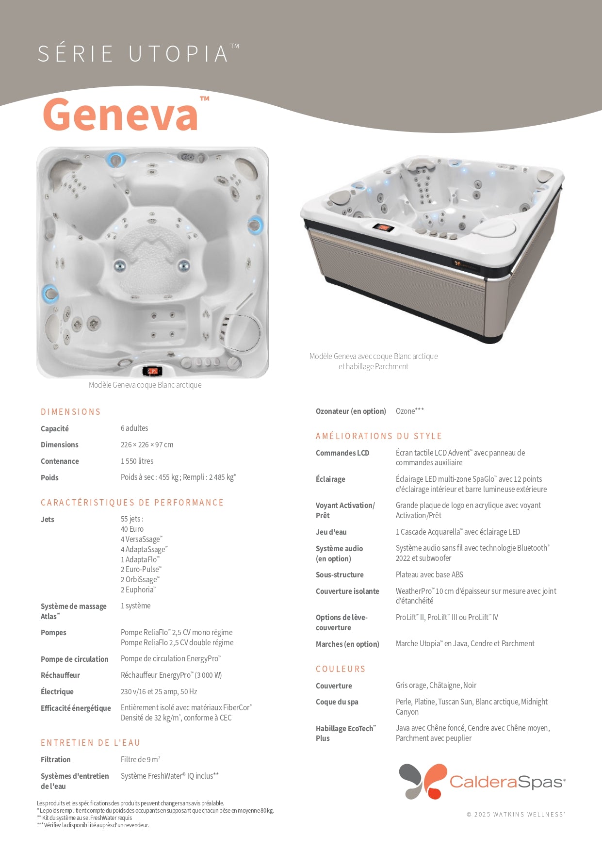 présentation complète du spa Caldera Utopia Geneva 6 places avec caractéristiques techniques et finitions EcoTech Plus