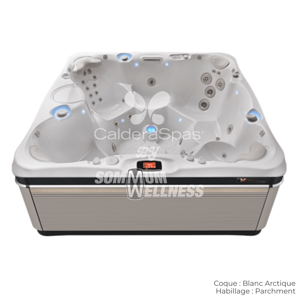 spa Caldera Niagara 7 places coque Blanc Arctique et habillage Parchment avec finition haut de gamme série Utopia™