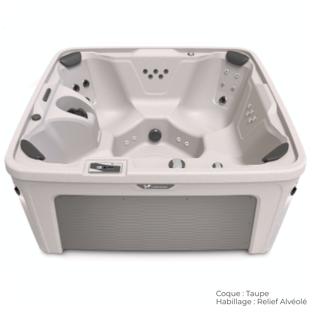 spa caldera bloom 5 places avec coque taupe et habillage relief alveole
