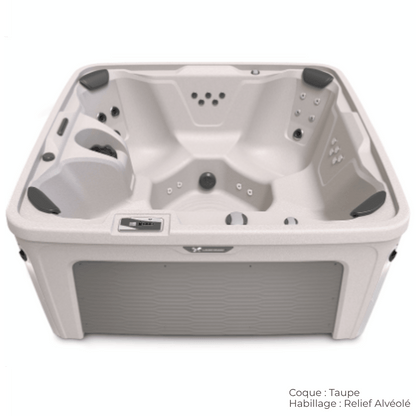 spa caldera bloom 5 places avec coque taupe et habillage relief alveole