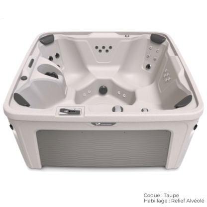 spa caldera bloom 5 places avec coque taupe et habillage relief alveole