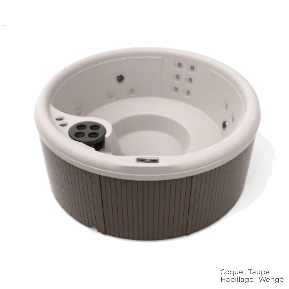 spa caldera splendor rond 5 places avec coque taupe et habillage wenge